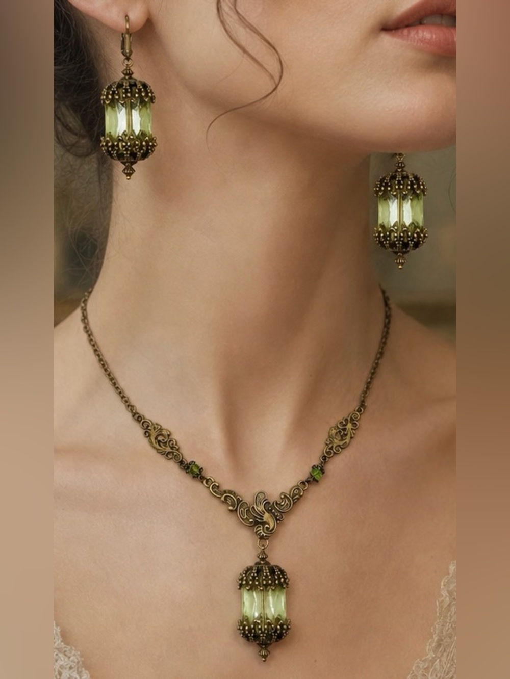 Green Glass Statement Necklace and Earrings Set, Victorian Style Jewelry